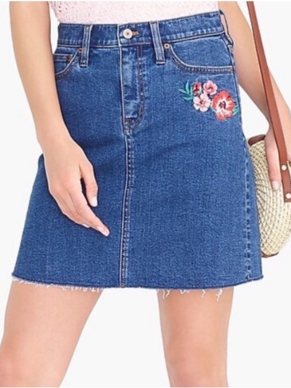 J. Crew Women’s Blue Jean Denim Mini Skirt with Red Floral Embroidery size 4 NWT